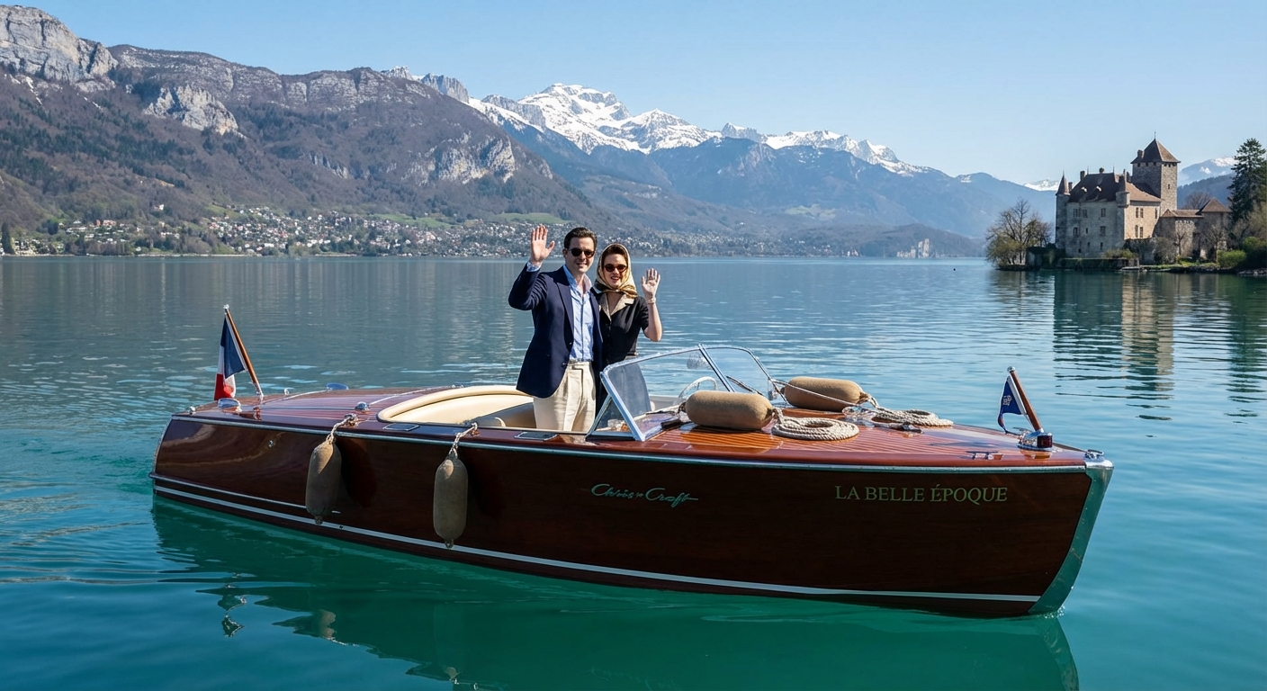 Bateau ancien en bois verni naviguant sur le lac d'Annecy