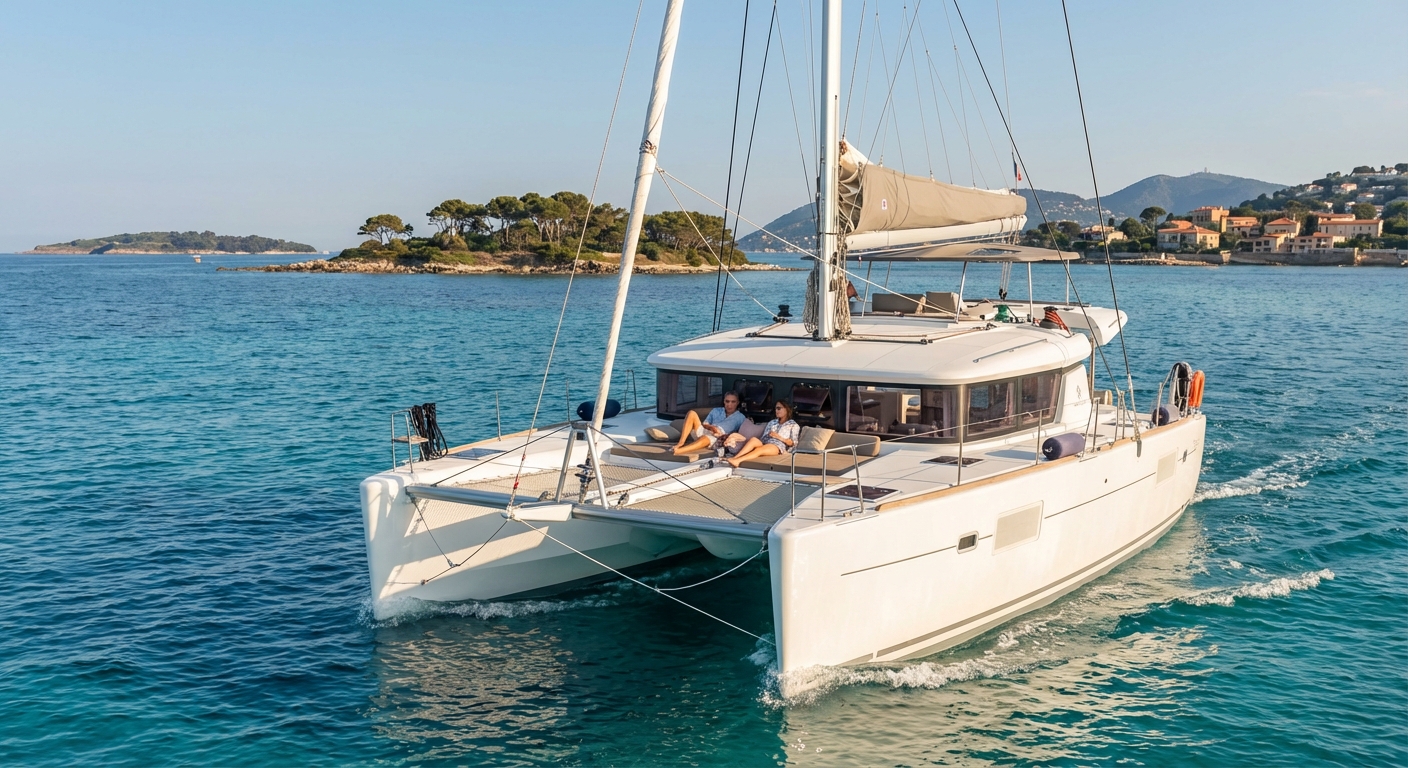 Catamaran naviguant dans les eaux turquoises de Méditerranée