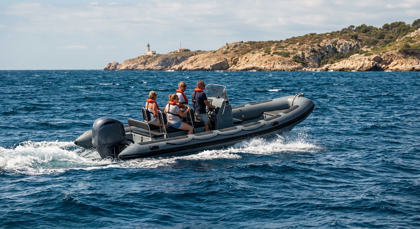Bateau pneumatique naviguant le long de la côte française